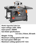 Heavy Duty Portable Circular Bench Saw Featuring 2000W Pure Copper Workhorse Motor with specifications display for precise cutting.