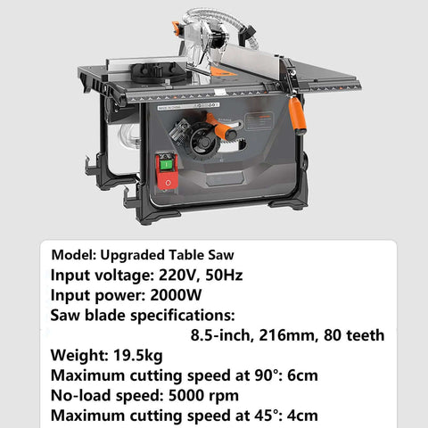 Heavy Duty Portable Circular Bench Saw Featuring 2000W Pure Copper Workhorse Motor with specifications display for precise cutting.