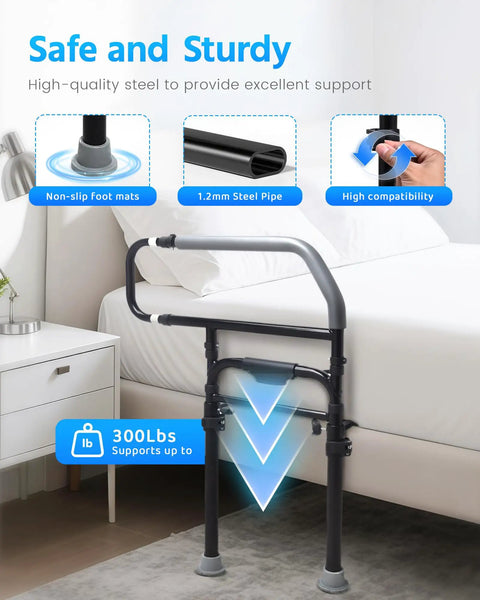 Bedside Safety Rail for Seniors and Recovery Adjustable Bed Assist Rail, showing steel tubing and non-slip foot mats
