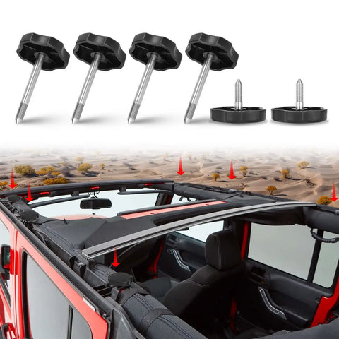 Door Surround Knobs Kit With Pins For Jeep Wrangler JK 2007 To 2018 6 Piece Set shown alongside Jeep roof installation
