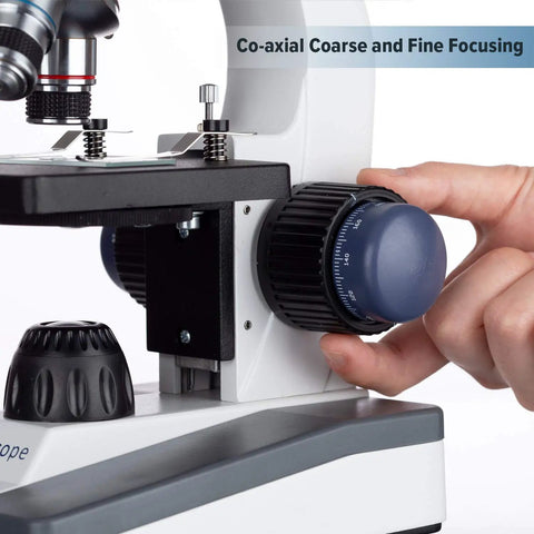 Close-up of Cordless All Metal Student Microscope With 40X-1000X LED Illumination focusing knob being adjusted