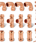 Lead Free Copper Press Fittings Kit Three Quarter Inch With Tee Elbow And Coupling Set displayed in rows