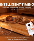 Child sleeping on cozy imitation wood heated floor mat with adjustable temperature and 12 hour timer, 39 by 59 inches.