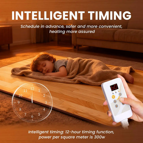 Child sleeping on cozy imitation wood heated floor mat with adjustable temperature and 12 hour timer, 39 by 59 inches.