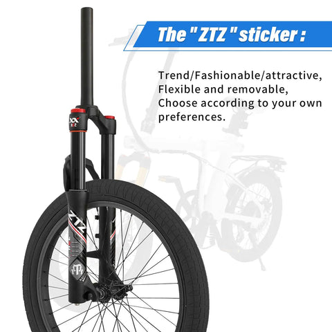 20 Inch Mountain Bike Front Suspension Air Fork With 120 To 140 Millimeter Travel 100 Millimeter Hub Spacing One And One Eighth Inch Straight Steerer Manual Lockout Quick Release Fits Up To Two And A Half Inch Tires Black with 'ZT Z' sticker