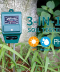 3 In 1 Soil Moisture Light And PH Tester For Indoor Outdoor Gardens Lawn Farm Greenhouse No Batteries Required Easy Plant Care Tool Kit For Healthier Plants displaying measurement settings in a garden.
