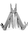 Open 15 In 1 Multitool Pliers With Spring Loaded Head and Thick Hardened Steel Build showing various tools
