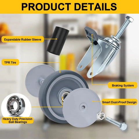 Heavy Duty Expanding Stem Casters Set Of 4 With Locking Brakes For Wire Shelving And Tables, showing parts and features