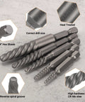 6 Piece Screw And Bolt Extractor Set For Removing Broken Bolts And Stripped Screws Quickly And Easily No Sweat For Studs And Fasteners Heavy Duty Reusable Tool Kit For DIYers And Pros, showing spiral extractors with labels for hex shank, reverse spiral groove, and material details on stone background.