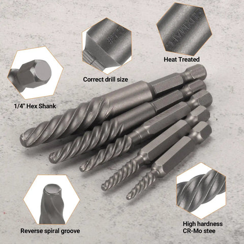 6 Piece Screw And Bolt Extractor Set For Removing Broken Bolts And Stripped Screws Quickly And Easily No Sweat For Studs And Fasteners Heavy Duty Reusable Tool Kit For DIYers And Pros, showing spiral extractors with labels for hex shank, reverse spiral groove, and material details on stone background.