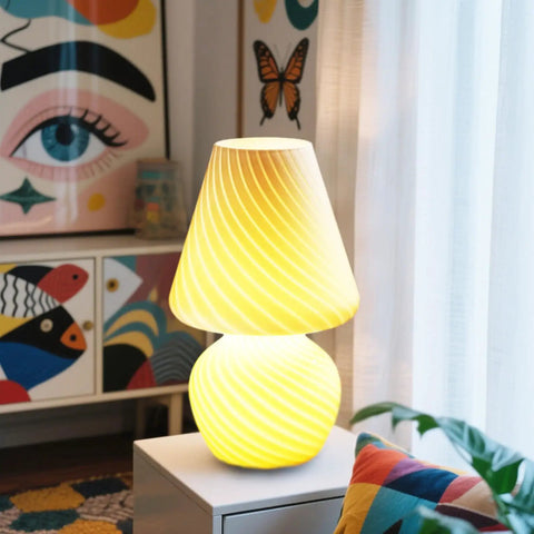 Tall Mushroom Glass Table Lamp With Romantic 12 Inch Vintage Swirl Mid Century Design on bedside table in vibrant room.