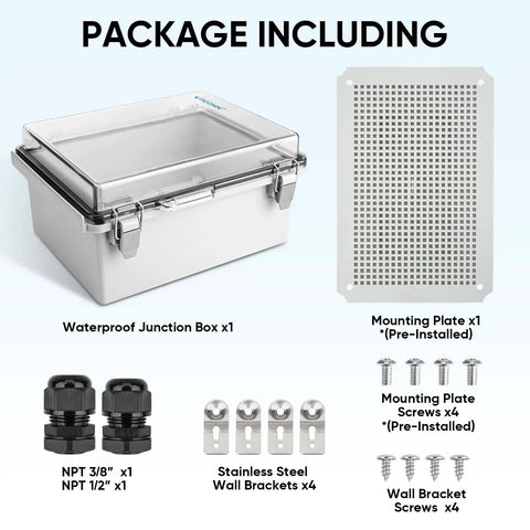 Outdoor Waterproof Electrical Junction Box IP67 ABS Plastic Enclosure With Hinged Cover and Accessories Shown