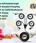 Black 4 Outlet Extension Cord Splitter For Indoor Outdoor Use, 46 Ft Total Length, shows 6ft and 22ft sections, 3 Prong Plug, weatherproof