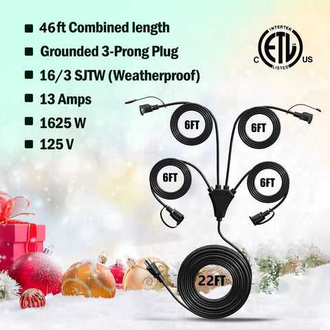 Black 4 Outlet Extension Cord Splitter For Indoor Outdoor Use, 46 Ft Total Length, shows 6ft and 22ft sections, 3 Prong Plug, weatherproof
