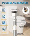 16-Inch Toilet Water Supply Line With Three Eighths Inch Compression To Seven Eighths Inch Ballcock Brass Nut, SUS304 Stainless Steel Braided Hose, Built To Last Inlet Connector With Anti-Leak EPDM Gasket, FL003-16 infographic details