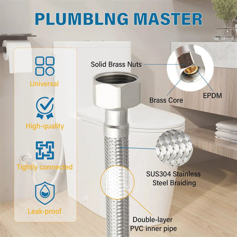 16-Inch Toilet Water Supply Line With Three Eighths Inch Compression To Seven Eighths Inch Ballcock Brass Nut, SUS304 Stainless Steel Braided Hose, Built To Last Inlet Connector With Anti-Leak EPDM Gasket, FL003-16 infographic details