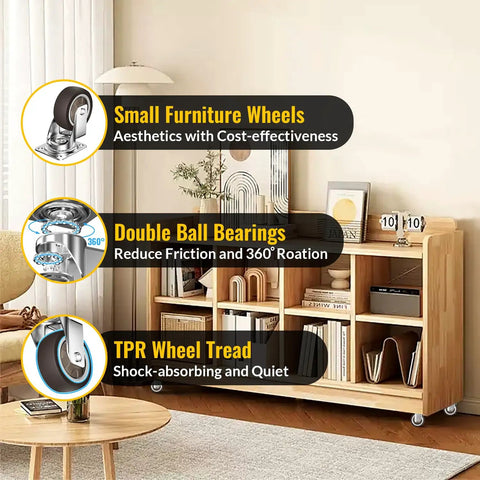 Heavy Duty 2 Inch Caster Wheels Set Of 4 Rubber Quiet Swivel Castors with Ball Bearings installed on a wooden bookshelf.