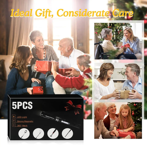Families exchanging gifts with 360 Degree Flexible Magnetic Flashlight And Telescoping Magnetic Pickup Tool Kit box visible.