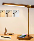 LED Wood Grain Desk Lamp With Wireless Charger And USB Port For Home Office on desk with charging phone and decor