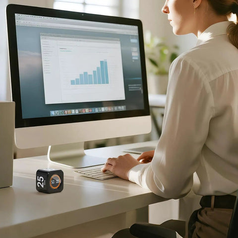 Person working at desk with Gravity Flip Pomodoro Timer Cube For Focus Boost With Four Presets Five Ten Twenty Five And Fifty Minutes