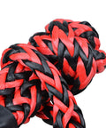 Close-up of Four Piece Intertwine Black And Red Soft Shackle Rope Set With Protective Sleeve for Off Road Recovery.
