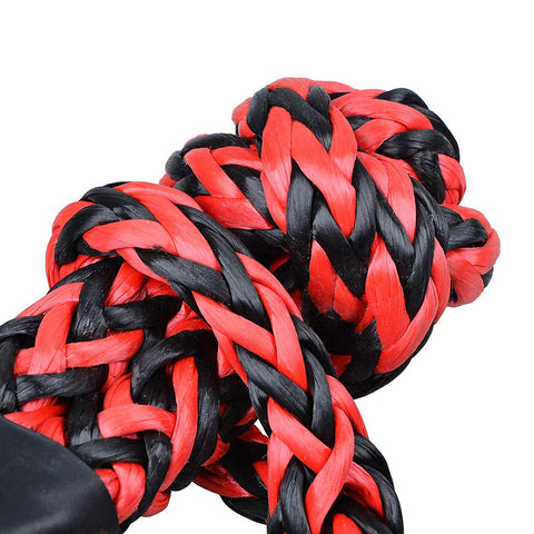 Close-up of Four Piece Intertwine Black And Red Soft Shackle Rope Set With Protective Sleeve for Off Road Recovery.