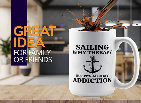 Is My Therapy Sailor Coffee Mug 15oz White For Boaters And Sailors on a table, with anchor design and sailing slogan, gift idea