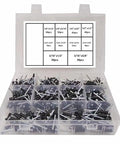 400 Pieces Black Aluminum Pop Rivets Kit With Ten Sizes One Eighth Inch Five Thirty Second Inch Three Sixteenth Inch Assorted Blind Rivets For Metal And Plastic With Handy Storage Case showing ten compartments of various rivet sizes.