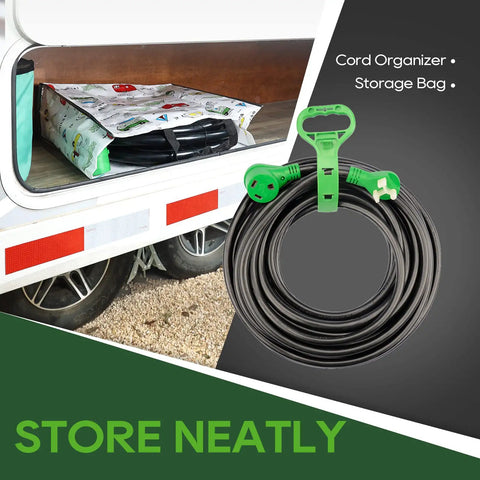 Beefy 50 Foot 30 Amp RV Extension Cord With TT-30P TT-30R Connectors, Weatherproof 10/3 STW Cable, 3750 Watt Capacity, Durable Outdoor RV Power Cord for Campers and Travel Trailers coiled with storage bag