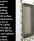 All Weather Flashing Tape 6 Inch By 75 Foot Roll With Adhesive Backed Split Liner Waterproof Seal applied around window opening.