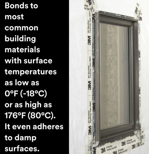 All Weather Flashing Tape 9 In X 75 Ft Adhesive Backed With Split Liner Waterproof Seal applied around window frame
