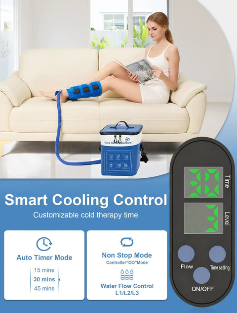 Woman using Portable Leg Cold Therapy System For Calf And Shin Recovery After Surgery With 16 Quart Capacity Circulating Ice Water