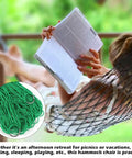 Durable Nylon Hanging Hammock For Outdoor Camping And Chill Lightweight Yet Strong Sleeping Net Bed Easy Quick Setup High Strength Rope Hammock Green Color with person reading