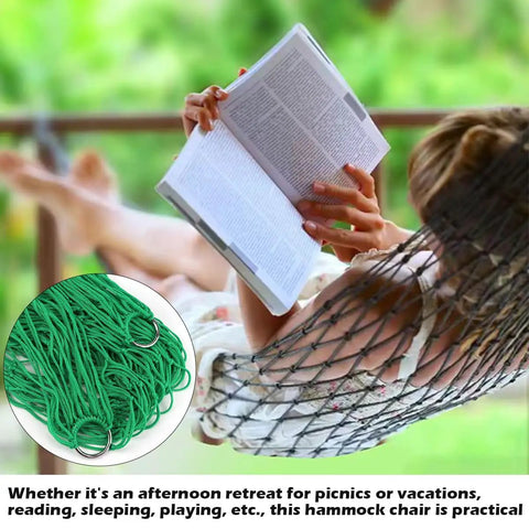 Durable Nylon Hanging Hammock For Outdoor Camping And Chill Lightweight Yet Strong Sleeping Net Bed Easy Quick Setup High Strength Rope Hammock Green Color with person reading