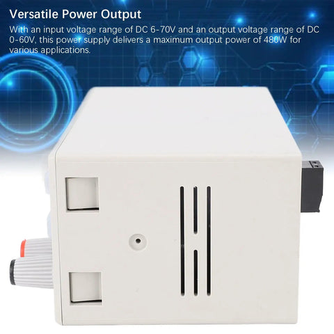 Side view of CNC Regulated Power Supply 480W 70V In 60V Out for LED Lab Use Pro Grade Stable Voltage for DIY projects