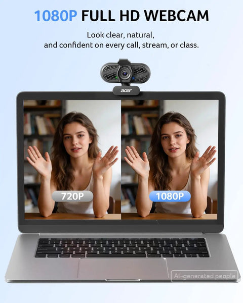 Hassle Free Plug And Play 1080P HD Webcam For Computers with two comparisons showing 720P vs 1080P clarity on a laptop.