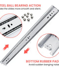 Heavy Hitter Side Mount Drawer Slides Six Pair Zinc Plated Steel 100 Pound Capacity showing steel ball bearings and rubber pads.