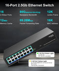 16 Port 2.5Gb Unmanaged Ethernet Switch Plug And Play Desktop Or 19 Inch Rack Mount With Beefy Fanless Metal Housing