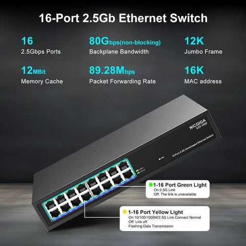 16 Port 2.5Gb Unmanaged Ethernet Switch Plug And Play Desktop Or 19 Inch Rack Mount With Beefy Fanless Metal Housing
