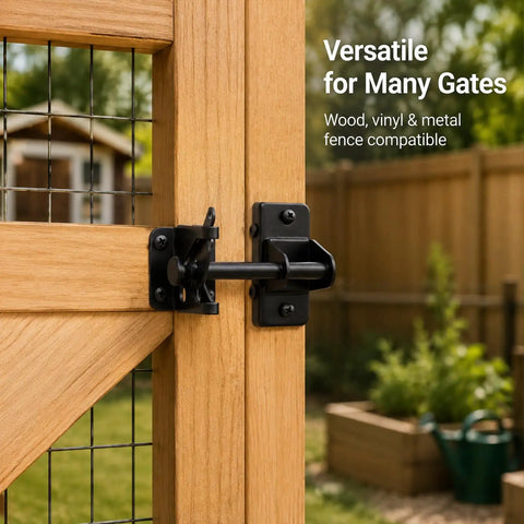 Heavy Duty Self Locking Gate Latch With Gravity Lock For Wooden Fences, Auto Lever Action Gate Lock, No Fuss Post Mount Black Gate Hardware, Door Lock For Secure Pool Garden And Shed Access, Fingertip Inside Release For Quick Open on wooden gate