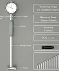Dial bore gauge set with 2–6 in range; chrome body, green grip handle, and multiple interchangeable probe rods.