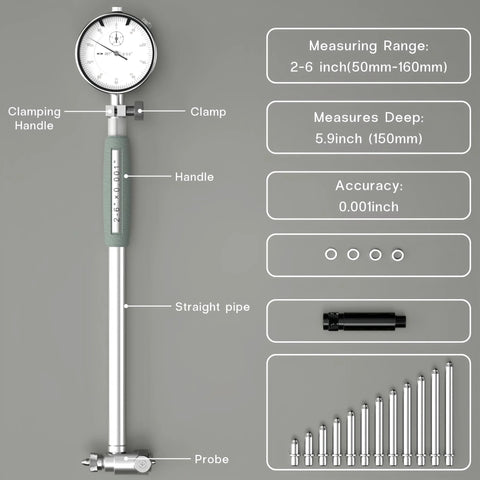 Dial bore gauge set with 2–6 in range; chrome body, green grip handle, and multiple interchangeable probe rods.