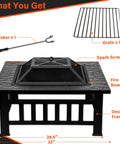 32 Inch Square Fire Pit Table With Spark Screen, Fire Poker, And Ice Bucket Cooler showing components and dimensions