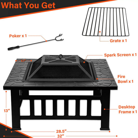 32 Inch Square Fire Pit Table With Spark Screen, Fire Poker, And Ice Bucket Cooler showing components and dimensions