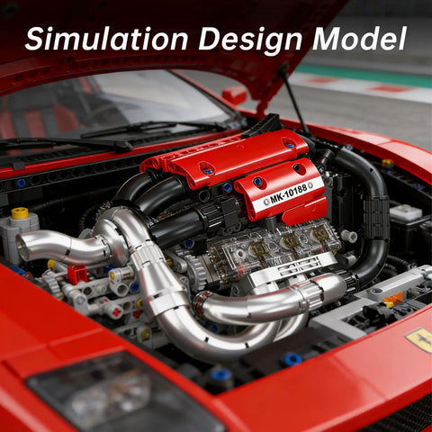 Motorized Engine Building Kit For Adults Hands On Realistic Piston Engine With Belt Drive Cooling Fan And Electric Power System Great STEM Display Model For Teens 14 Plus, red LEGO-style car engine close-up