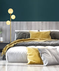 Moon Globe Floor Lamp With 3 Lit Orbs, Modern Gold Tall Floor Lamp For Living Room And Office beside bed with pillows