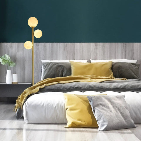 Moon Globe Floor Lamp With 3 Lit Orbs, Modern Gold Tall Floor Lamp For Living Room And Office beside bed with pillows