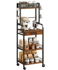 Top Shelf Five Tier Coffee Station Cart With Slick Rolling Wheels And Ample Cabinet Space Plus Sturdy Mounts For Single Serve Packs And Spacious Racks Built For Your Daily Grind Home Bar Display Or Cozy Kitchen Area, featuring a rustic finish and coffee supplies.