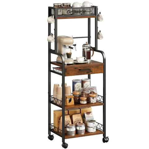 Top Shelf Five Tier Coffee Station Cart With Slick Rolling Wheels And Ample Cabinet Space Plus Sturdy Mounts For Single Serve Packs And Spacious Racks Built For Your Daily Grind Home Bar Display Or Cozy Kitchen Area, featuring a rustic finish and coffee supplies.