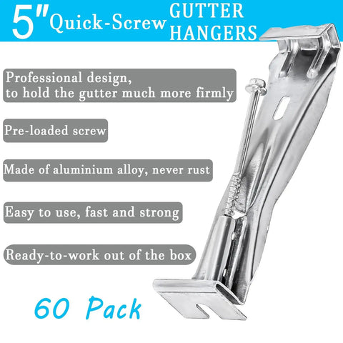 5 Inch Gutter Hangers With Pre Inserted Quick Screw Clips, 60 Pcs Hidden Bracket Clips For 5 Inch K-Style Aluminum Gutters